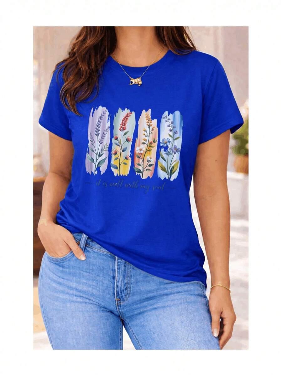 Soft 100% Cotton Short-Sleeved T-Shirt For Women With Watercolor Floral Print And English Phrase, Casual Spiritual Botanical Artistic Design, Breathable Cotton T-Shirt, Goes With Everything, Great. - 藍色 - 查看 1
