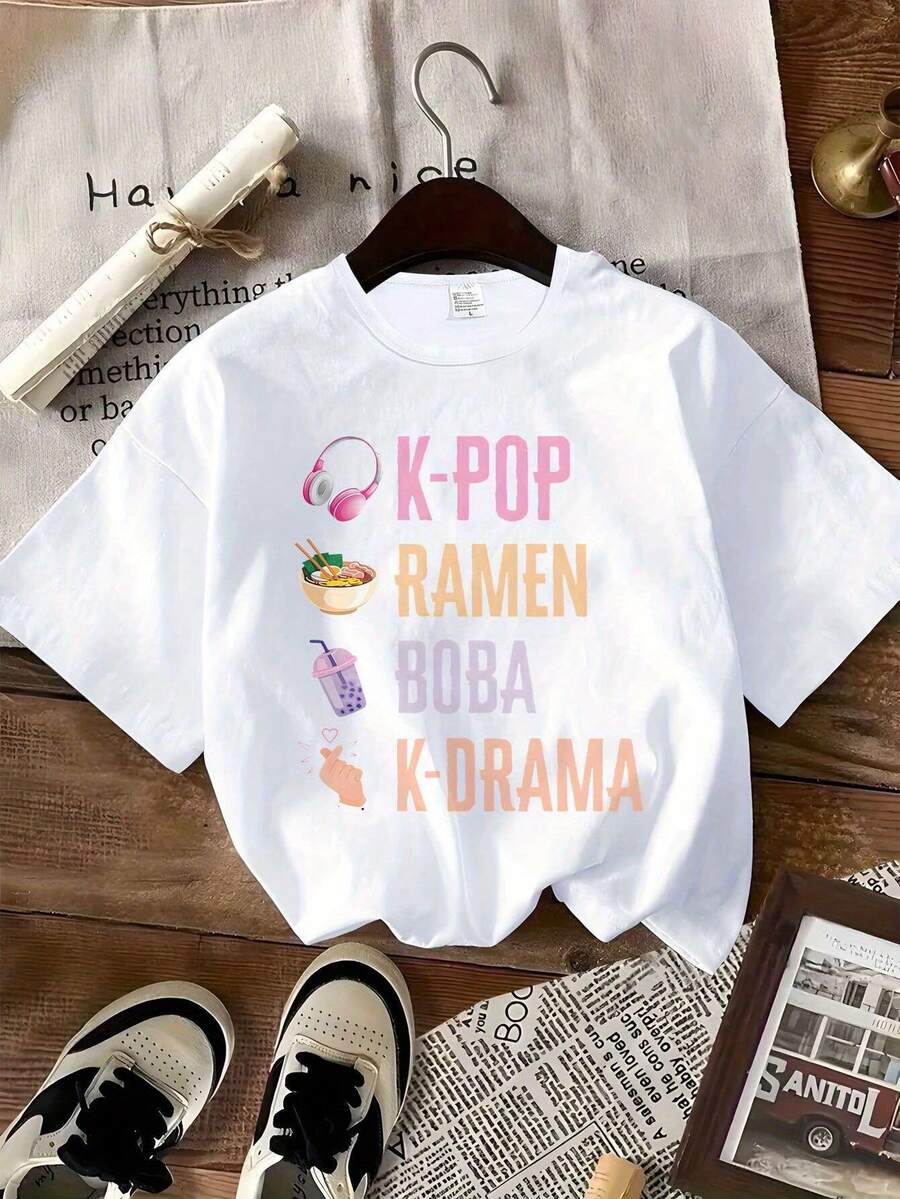 Women's K-POP Korean Wave Graphic T-Shirt - K-Pop Ramen Boba K-Drama Print, Casual Loose Fit, Crew Neck, Short Sleeve, Soft And Breathable Fabric For Spring And Summer Casual Outings, Mother's Day Gift, Pop Culture Clothing, Fun Print T-Shirt, Comfortable Fit T-Shirt, Y2k T-Shirt - 白色 - 查看 1