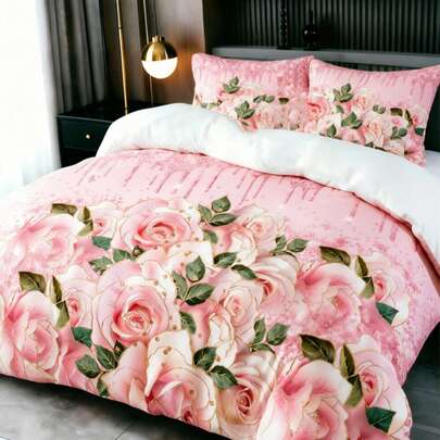 3Pcs Romantic Shiny Pink Rose Print Duvet Cover Set ,Pillow Cover Pattern Is Random ,Duvet Cover Set (1 Duvet Cover + 2 Pillowcase Without Pillow Insert), Bedding Set, Soft Warm And Cozy Bedding Set For Bedroom, Guest Room, Dormitory Decoration Soft Skin-Friendly