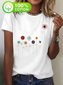 Camiseta de Mujer con Estampado Floral - Blanca, Casual, para Uso Diario en Primavera/Verano - Lavable a Máquina - 100% Algodón - Estilo Vintage Urbano, Unisex, Holgada, de Manga Corta y Cuello Redondo - Blanco - Ver 7