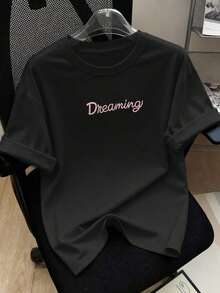Camiseta casual de cuello redondo de manga corta con bordado "Soñando", top rosa para mujer camisetas para mujer - Estilo - Ver 3
