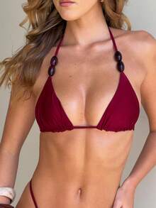 Women Beaded Bikini Set Cute Halter String Triangle Bikini Top With Tie Side Thong Bikini Bottom Bathing Suit - Red - View 7
