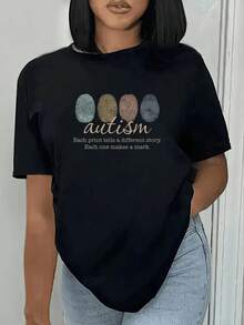 Beautiful Blouses, White Awareness T-Shirt With Fingerprint And Text Print, Each Print Tells A Different Story, Each One Leaves A Mark, Casual Women's Clothing, Everyday Outfits, 100% Cotton, Casual Blouses For Women - 黑色 - 查看 3
