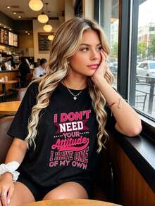 Funny Women's T-Shirt With Bright Pink Text: "I Don't Need Your Attitude, I Have My Own" - Black Star T-Shirt, Soft, For Everyday Wear, Machine Washable, Casual Top, Funny Birthday Gift - 黑色 - 查看 2