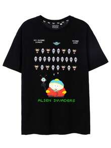 Men's Black South Park T-Shirt | Short Sleeve T-Shirt With Funny Graphic From The Retro Game Cartman 8 Alien Invaders | Retro Short Sleeve Shirt For Adults | Unique And Funny Gift Ideas For Him, Women's Blouses, Blouses, Casual Blouses For Ladies, Casual Blouses For Ladies, Women's Tops, Tops, Unisex. - 黑色 - 查看 1
