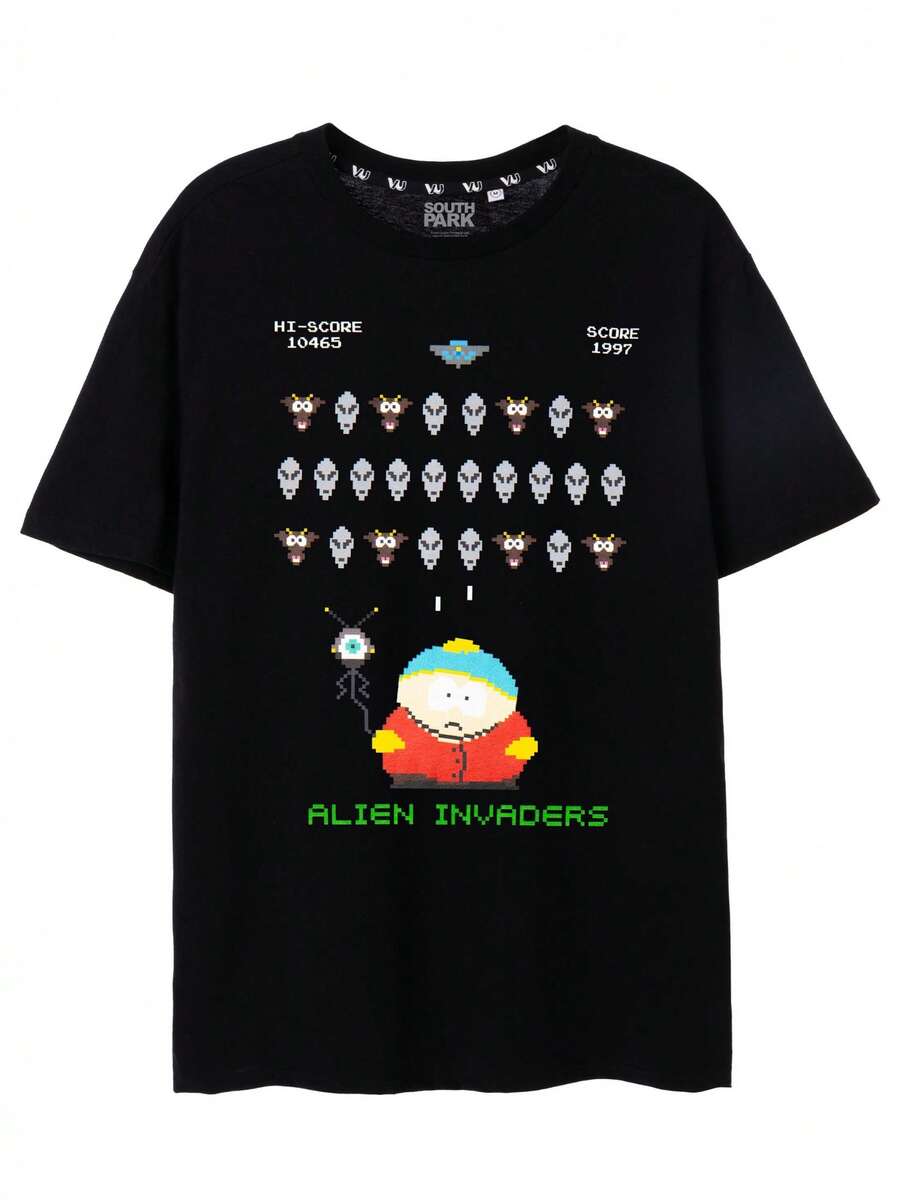 Men's Black South Park T-Shirt | Short Sleeve T-Shirt With Funny Graphic From The Retro Game Cartman 8 Alien Invaders | Retro Short Sleeve Shirt For Adults | Unique And Funny Gift Ideas For Him, Women's Blouses, Blouses, Casual Blouses For Ladies, Casual Blouses For Ladies, Women's Tops, Tops, Unisex. - 黑色 - 查看 1