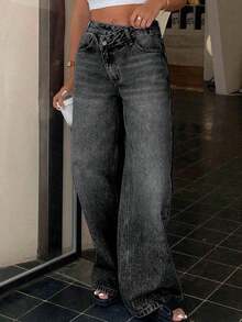 Jeans de pierna recta con diseño de cintura baja para mujeres - Negro - Ver 5