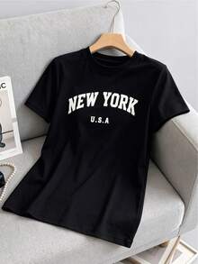 New York Letter Print T-Shirt, Women's Short Sleeve Crew Neck Casual Spring Summer Casual Blouse - 黑色 - 查看 3