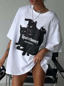 Camiseta de mujer moderna, informal, para fiestas y para estar en casa, 100% algodón, corte holgado. Camiseta de manga corta vintage para mujer con estampado gótico de 3 gatos negros Spacehunter, estilo retro americano Y2K Spice Girl, corte holgado y transpirable, ideal para salidas diarias, reuniones de chicas, festivales de música, uso en el campus o moda para el día a día. - Blanco - Ver 2