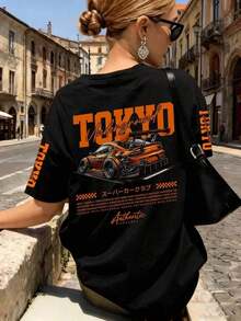 Women's Black Short-Sleeved T-Shirt, Casual Style, Loose And Versatile, With TOKYO Racing Letter Print, Ideal For Everyday Wear And Holidays. - 彩色 - 查看 5