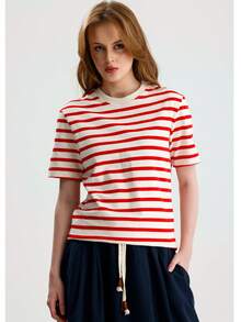 RoseArya Cotton Contrast Ecru Collar Red Striped T-Shirt - Red - View 3