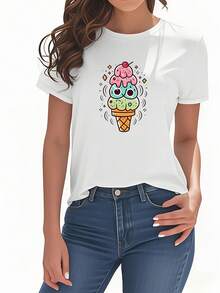 Women's Short-Sleeved, Round-Neck T-Shirt With A Cartoon Ice Cream Print, Featuring A Sweet And Youthful Style. Casual And Versatile, Suitable For Summer Outings And Holidays. A Great Gift For Girlfriends. Pure Cotton Printed T-Shirt For Women. - 白色 - 查看 7