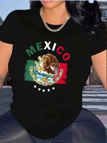 Women's Short Sleeve T-Shirt With Mexican Flag Print, Casual Summer Sports Top, Comfortable Knit Fabric, Polyester, Round Neck, Elastic, Patriotic Design, Fashionable T-Shirt For Ladies - Ideal For Summer, Vintage Graphic Oversized Cotton T-Shirt - 黑色 - 查看 7