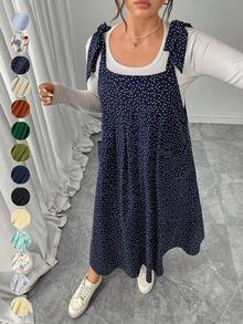 Vestido largo tipo slip con tirantes finos liso para mujer talla grande - lunares azules - Ver 1