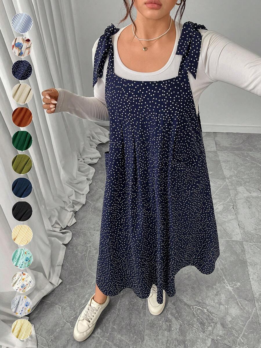 Vestido largo tipo slip con tirantes finos liso para mujer talla grande - lunares azules - Ver 1