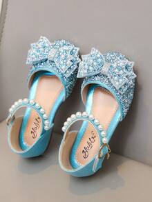 1 Pair Fashion Girls' Princess Shoes, Summer New Design With Bow Buckle, Closed Toe And Rhinestone Decor, Suitable For Outdoor Activities, Parties And Various Occasions - Blue - View 7