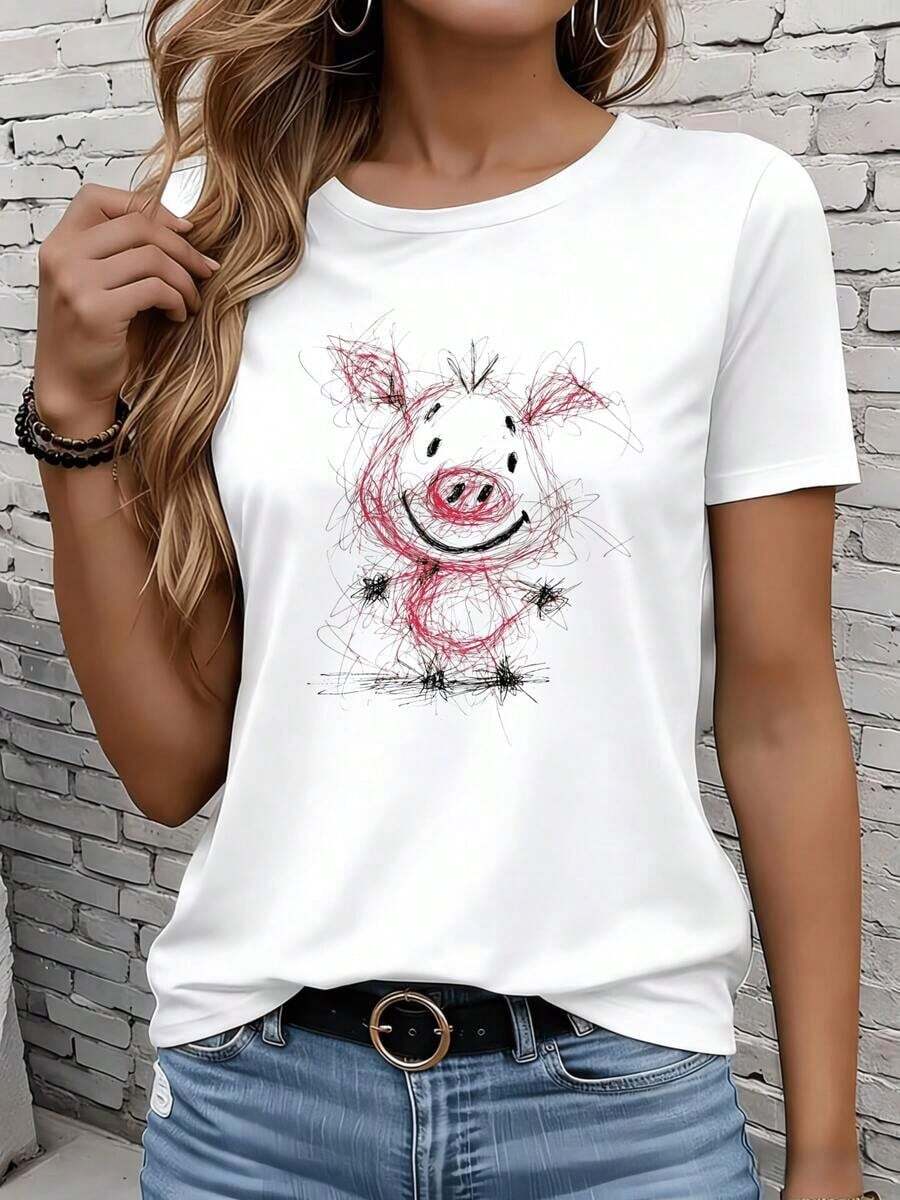 Women's Short-Sleeved T-Shirts In Black And White Are Suitable For Everyday Wear, Lounging At Home, And Outdoor Activities. This White T-Shirt Features A Graphic Pig Design, Making It A Casual Summer Top With A Fun Animal Print And A Crew Neck. It's Ideal As A Gift For Parties Or Holidays. - 白色 - 查看 1