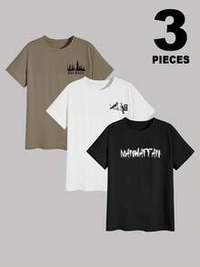 Lonblece 3 buah Kaos Lengan Pendek Bergambar untuk Pria, Gaya Kasual Jalanan dengan Grafis Gunung & Burung Retro Amerika. - MultiWarna - View 2