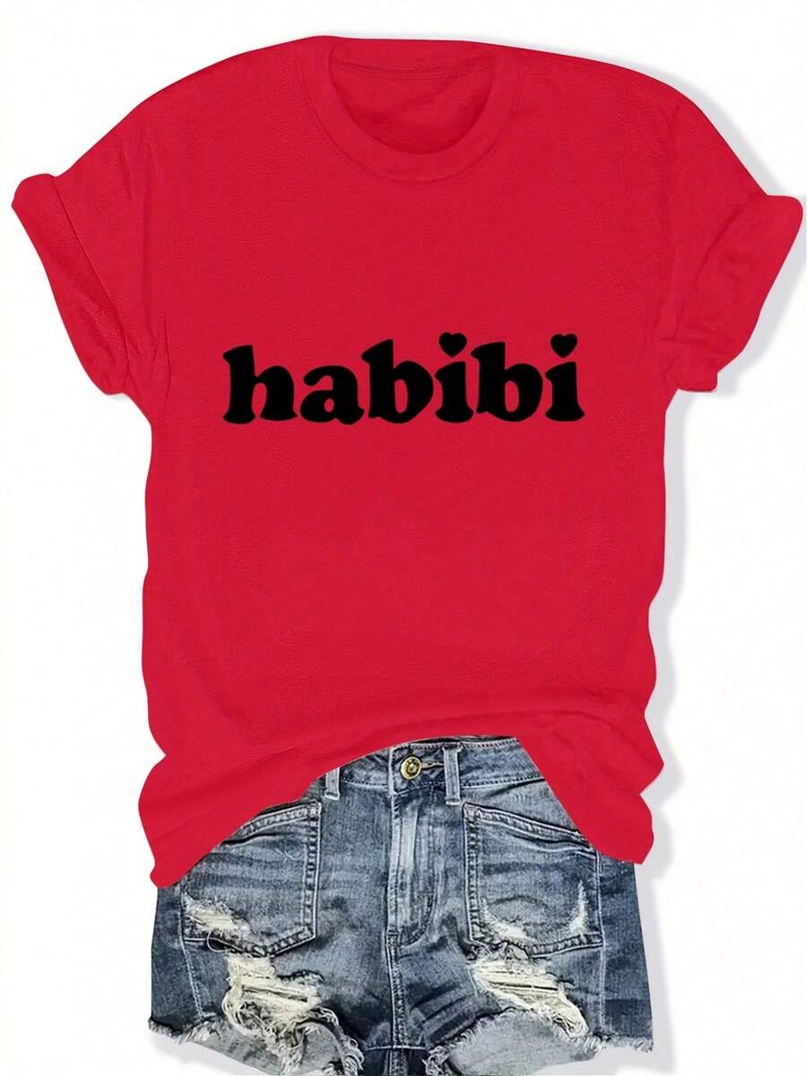Talla Grande - Talla Grande - Camiseta Casual de Talla Grande con Mangas Cortas y Estampado de Letras, Adecuada para Verano y Primavera, Ropa de Talla Grande para Mujer - Rojo - Ver 1