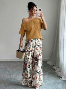 2 piezas Conjunto de top asimétrico de cuello sólido y pantalones con estampado tropical, estilo casual de vacaciones - Marrón - Ver 6