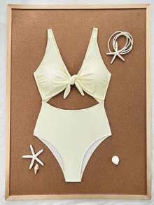 Swim Vcay Traje de baño de una pieza de unicolor negro elegante sin mangas, de cintura alta y con tirantes ajustables, para primavera/verano 2026 - Amarillo claro - Ver 4