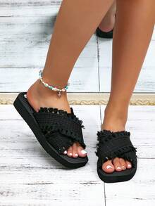 Women's Open Toe Slippers, Sliders, Summer, Home Slipper, Flat, Spring, Autumn, Beach - Black - View 2