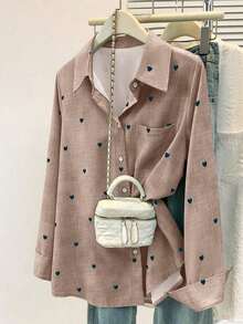 Camisa polo de manga larga con bolsillo y estampado de corazón de unicolor básico casual para mujer, adecuada para uso diario en , verano y otoño - Café integral - Ver 9