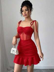 Nuevo vestido mini elegante y sexy con tirantes finos, de punto y malla, apropiado para citas y fiestas - Rojo - Ver 4