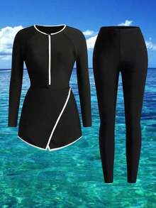 Swim Shayni 2 piezas Conjunto burkini elegante y casual para primavera/verano, vacaciones y fiestas en la playa, falda acampanada con corte en V en negro con ribete blanco y pantalones con cremallera delantera - Blanco y Negro - Ver 6