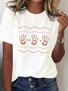 Camiseta de Mujer con Arte Aborigen Australiano - Diseño de Pintura con Huellas de Mano y Puntos Marrones - Top Casual de Algodón Puro, Suave y Transpirable - Estilo Cultural, Corte Holgado, Camiseta con Patrón Geométrico, Camiseta Estampada de Tela Cómoda - Blanco - Ver 8