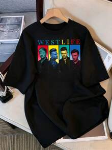 2026 T-Shirt, Westlife Color Block Portrait Graphic T-Shirt, Pop Boy Band Oversized T-Shirt, Black Cotton Casual Top, Retro Bootleg Style K-Pop Idol Oversized T-Shirt, Vintage Graphic Print T-Shirt, Short Sleeve Loose Casual Top, Fan Merchandise, Black Streetwear T-Shirt For Fans, Vintage Graphic K-Pop Star T-Shirt, Short Sleeve Oversized T-Shirt With Retro Letter Print, Black Crew Neck Casual Top, Streetwear Style Idol Fan Gift, Comfortable Loose Fit Cotton Blend T-Shirt For Women And Men. - Black - View 1