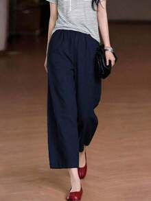 Pantalones anchos de lino con bolsillo y cintura elástica en estilo bohemio casual, para mujer, para verano y primavera - Rojo - Ver 9