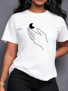 Women's 100% Cotton Crew Neck T-Shirt With Crescent Moon Design And Wear Resistance | Women's Summer Top | Women's Basic Top YJIS - 白色 - 查看 9