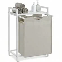 Cesto per la biancheria, contenitore per la biancheria con ripiano, cassetta per la biancheria, sacco per la biancheria rimovibile in tessuto Oxford, struttura in metallo, 65 L, 50 x 33 x 72 cm, bianco crema-bianco opaco - nero - Visualizzare 1
