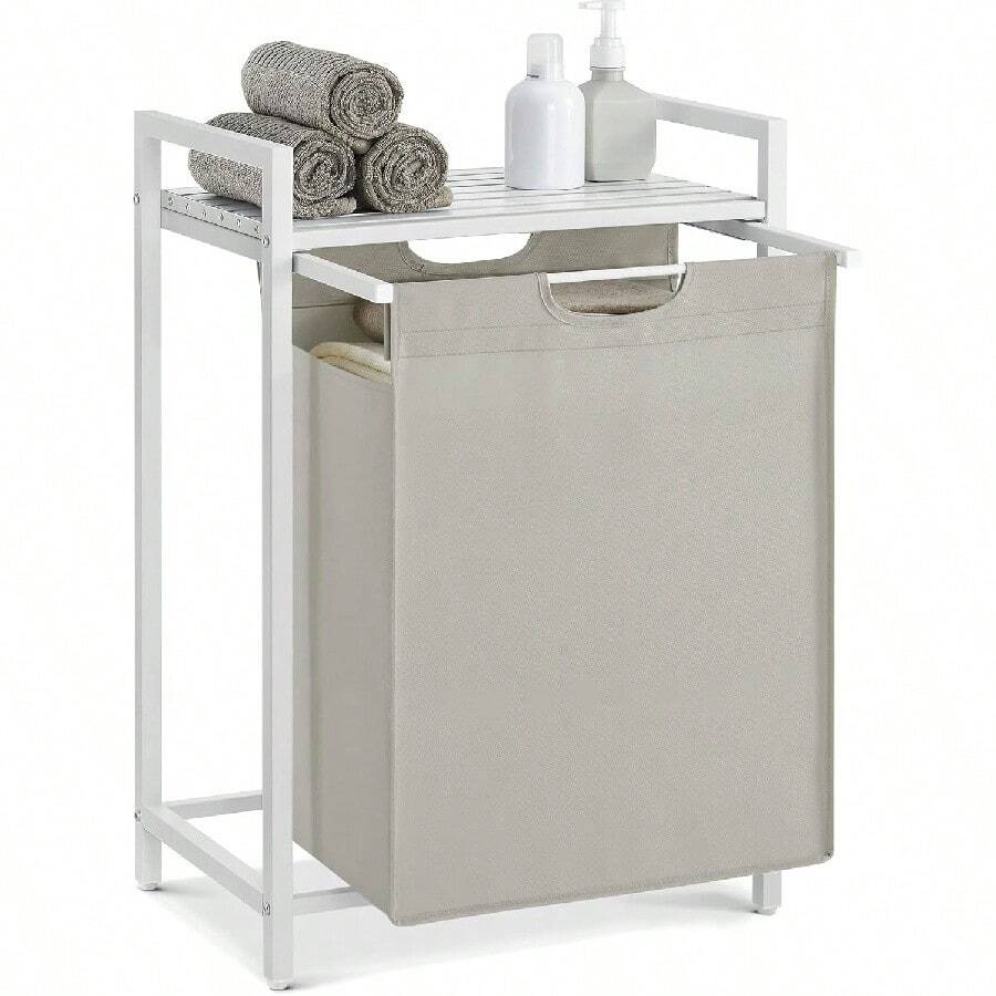 Cesto per la biancheria, contenitore per la biancheria con ripiano, cassetta per la biancheria, sacco per la biancheria rimovibile in tessuto Oxford, struttura in metallo, 65 L, 50 x 33 x 72 cm, bianco crema-bianco opaco - nero - Visualizzare 1