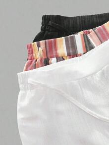 Set de 3 pantalones rectos sueltos de cintura alta con cordón y bolsillos, de unicolor y versátiles, adecuados para primavera/verano - Multicolor 7 - Ver 3