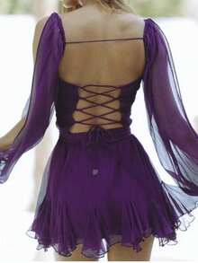 Short Fitted Dress With Long Sleeves, Mesh Detailing, Bow And Open Back, Solid Color And Casual Style - 紫色 - 查看 2