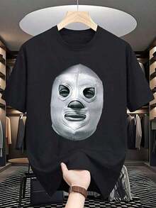 Tienda Local, Camisas para Hombre, Ropa de Hombre, Camisas para Hombre, Camisa para Hombre, Camiseta de Luchador de 180G con Máscara en Blanco y Negro, Estampado de Patrón de Lucha, Impresión de Alta Calidad, Cuello Redondo, Corte Holgado Básico, para Hombre y Mujer, Transpirable, Versátil, Lavable a Máquina, Cómoda, Talla S ~ 3XL, Diario, Casual, Deportivo, Esencial para el Verano. - Negro - Ver 5
