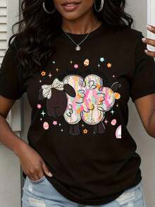 1 Piece Cute Sheep Print T-Shirt, Floral Design "The Lord Is My Shepherd", Spring Easter Clothes, Casual T-Shirt For Women, Christian Faith Statement T-Shirt, 180g 100% Cotton - 黑色 - 查看 12