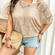 Plus Size Lace Fabric Oblique Shoulder Cover-Up, Matching Camisole Lining, Faux Two Pieces Design, Cinched Waist, Casual Scoop Neck Cover Up For Vacation, Commute - Albaricoque - Ver 1