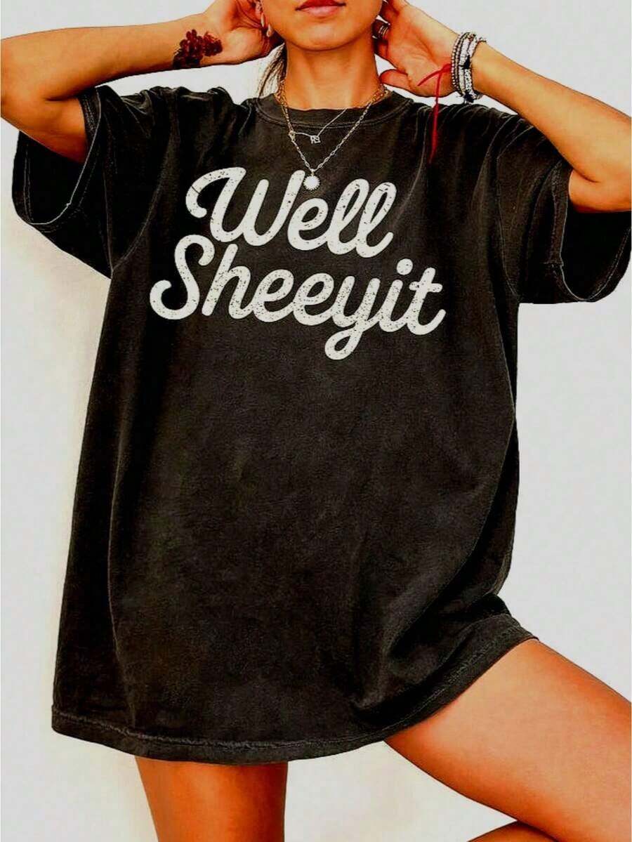 Well Sheeyit Country Western T-Shirt, Vintage Retro Western T-Shirt, Sarcastic Humor T-Shirt For Adults | Y2K T-Shirt With Funny Meme, Funny Graphic T-Shirts For Men And Women, Crew Neck, Casual Loose Fit. - 黑色 - 查看 1