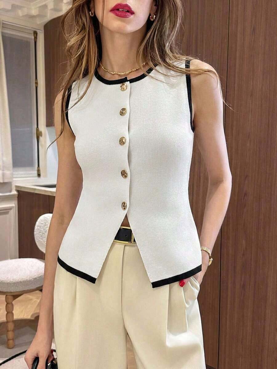 Ajuste casual de vacaciones, conjunto de primavera de ajuste delgado, blusa de verano, blusa elegante blanca para mujer, conjunto de oficina para mujer, cárdigan sin mangas con cuello redondo y ribete blanco y negro, blusa de punto para mujer.Blusas de chaleco para mujer, ropa de trabajo para mujer de oficina - Blanco - Ver 1