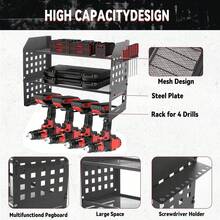 Tool Storage, Tool Rack For 4 Drill Holders, Heavy Duty Wall Mounted Rack For Garage, Home, Workshop - Black - View 4
