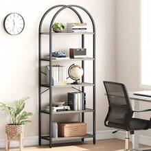 Estantería de 5 niveles con diseño arqueado para oficina - Librero moderno abierto de metal y madera - Gran capacidad de almacenamiento y exhibición - Perfecta para dormitorio, sala o despacho en casa - C - Ver 7