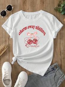Women's Fitted White T-Shirt With Cherry Print And Bow "Romantic", Casual Chic Style. Casual Summer T-Shirt With Romantic Cherry Graphic, Chic And Flattering Style. - YH319-白色 - 查看 2