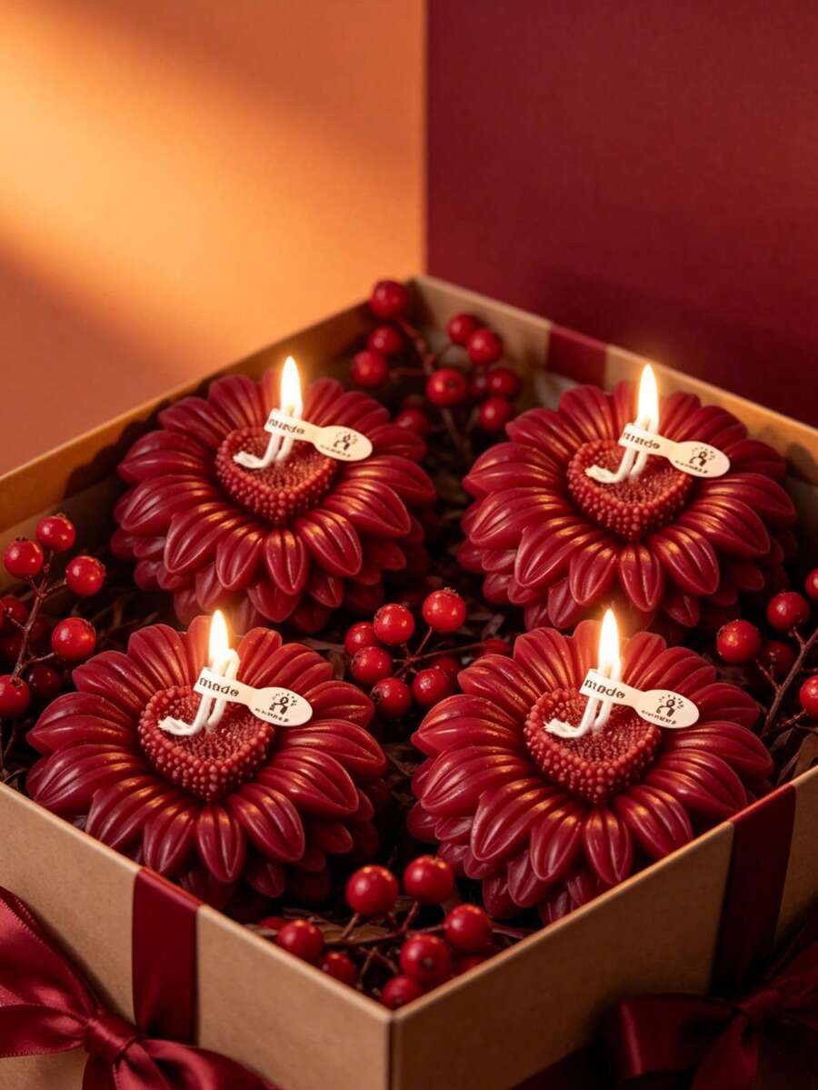 Burgundy Sunflower Scented Candle, 3D Floral Design, Soy Wax Smokeless Long-Lasting Fragrance, Romantic Valentine's Day Thanksgiving Gift, Atmosphere Decor For Bedroom, Home, Aromatherapy Desktop Ornament - Flower Candles - View 1