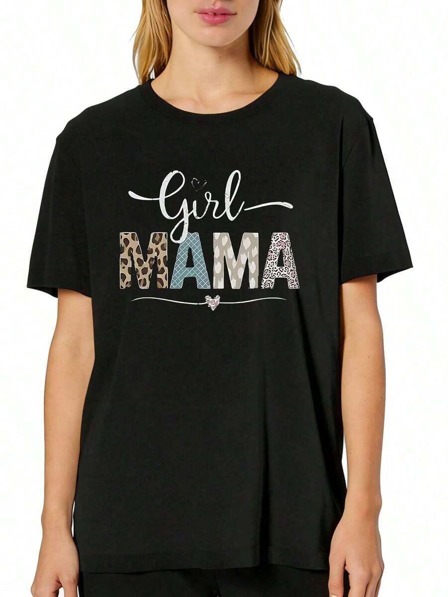 1 camiseta con estampado gráfico "Mama", cuello redondo, manga corta, camiseta casual a la moda, ajuste cómodo, lavable a máquina, para primavera y verano, ropa de mujer, 180g 100% algodón, los diseños están completamente impresos. Unisexo. - Negro - Ver 1