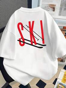 Camiseta Gráfica de Esquí para Mujer - Camiseta de Cuello Redondo con Diseño de Esquí Rojo, Camiseta Casual para Todas las Temporadas para Esquiar, Estilo Y2k - Negro - Ver 2