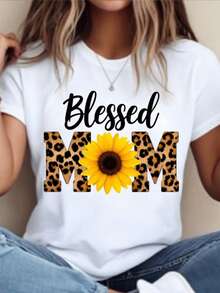 Camiseta de impresión de Leopardo y girasol de la bendita mamá - Camiseta de cuello de la tulación de manga corta de uste suelto blanco con letras de la bendita mamá, ropa de verano y casual, idea de regalo del día de la madre, silueta de línea H (Leopard Spot y diseño de girasol) - Blanco - Ver 2