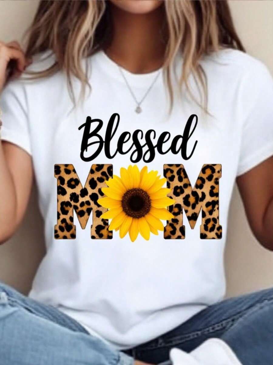 Camiseta de impresión de Leopardo y girasol de la bendita mamá - Camiseta de cuello de la tulación de manga corta de uste suelto blanco con letras de la bendita mamá, ropa de verano y casual, idea de regalo del día de la madre, silueta de línea H (Leopard Spot y diseño de girasol)